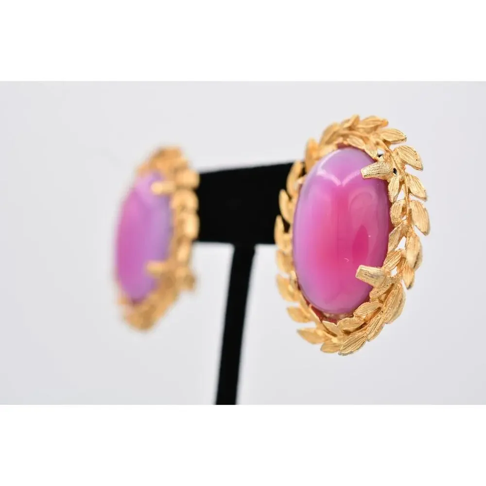 Judy Lee Vintage Cabochon Clip On Earrings Pink Gold Chunky Signed 1980s BinAZ
